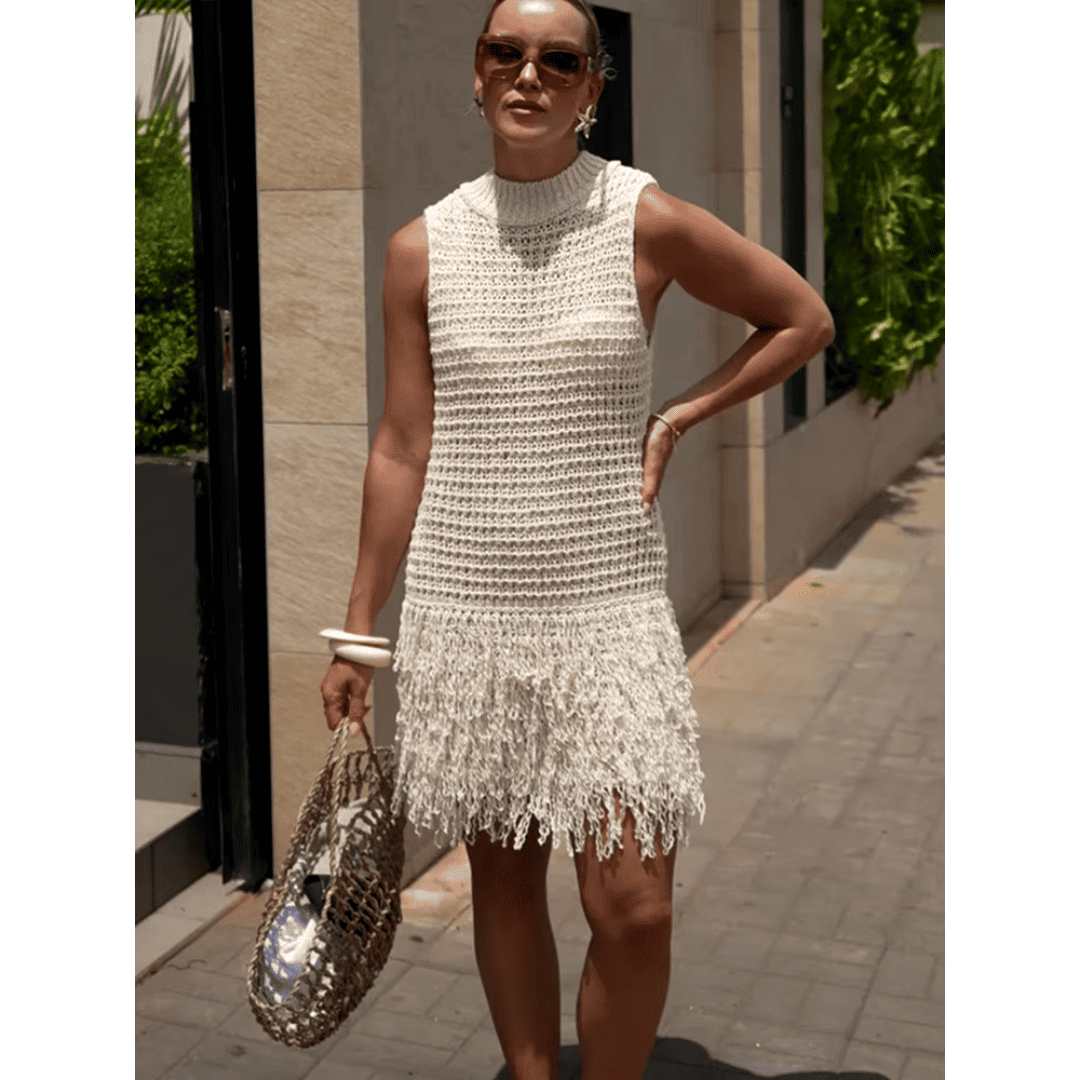 Vestido Feminino Curto de Tricô com Franjas Forglows
