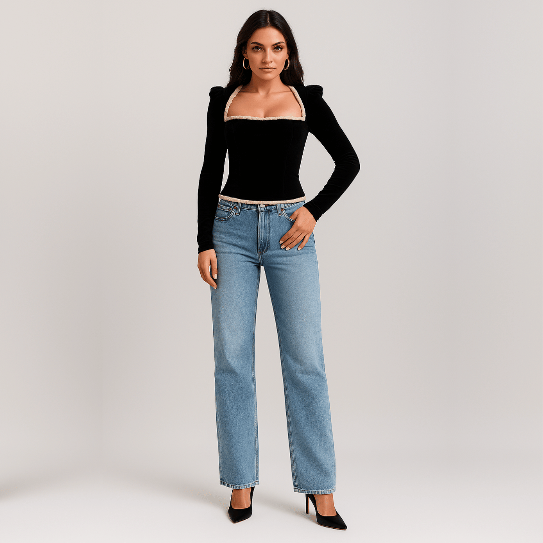 Calça Jeans Wide Leg Feminina Peluciada Forglows + Meia Térmica