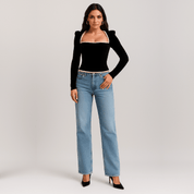 Calça Jeans Wide Leg Feminina Peluciada Forglows + Meia Térmica