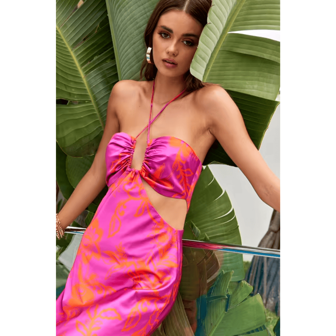 Vestido Feminino Midi Florido Acetinado