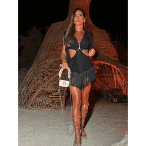Vestido Feminino Curto com Renda e Franja