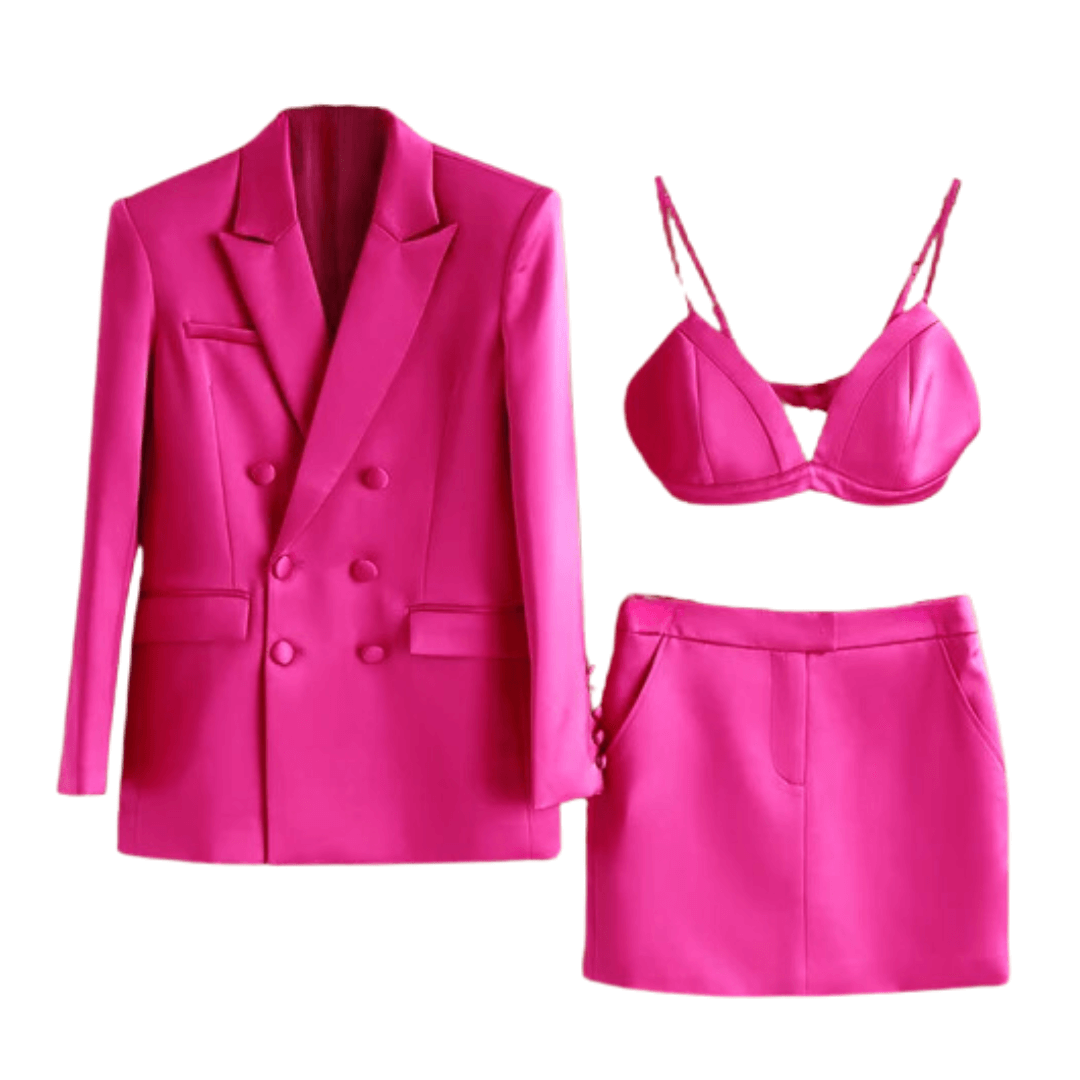Conjunto Feminino Blazer, Top e Saia Cetim Fúcsia Forglows