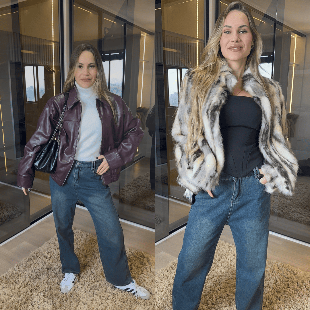 Calça Jeans Wide Leg Feminina Peluciada Forglows + Meia Térmica