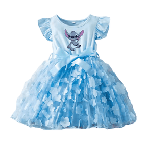 Vestido Infantil Rodado de Tule com Flores do Stitch