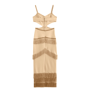 Vestido Feminino Longo com Recorte e Franjas