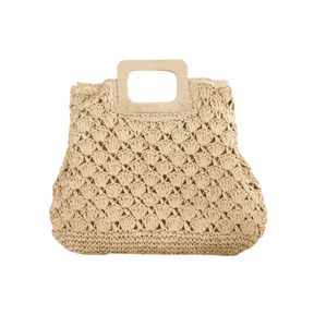 Bolsa de Malha de Palha com Alça de Madeira