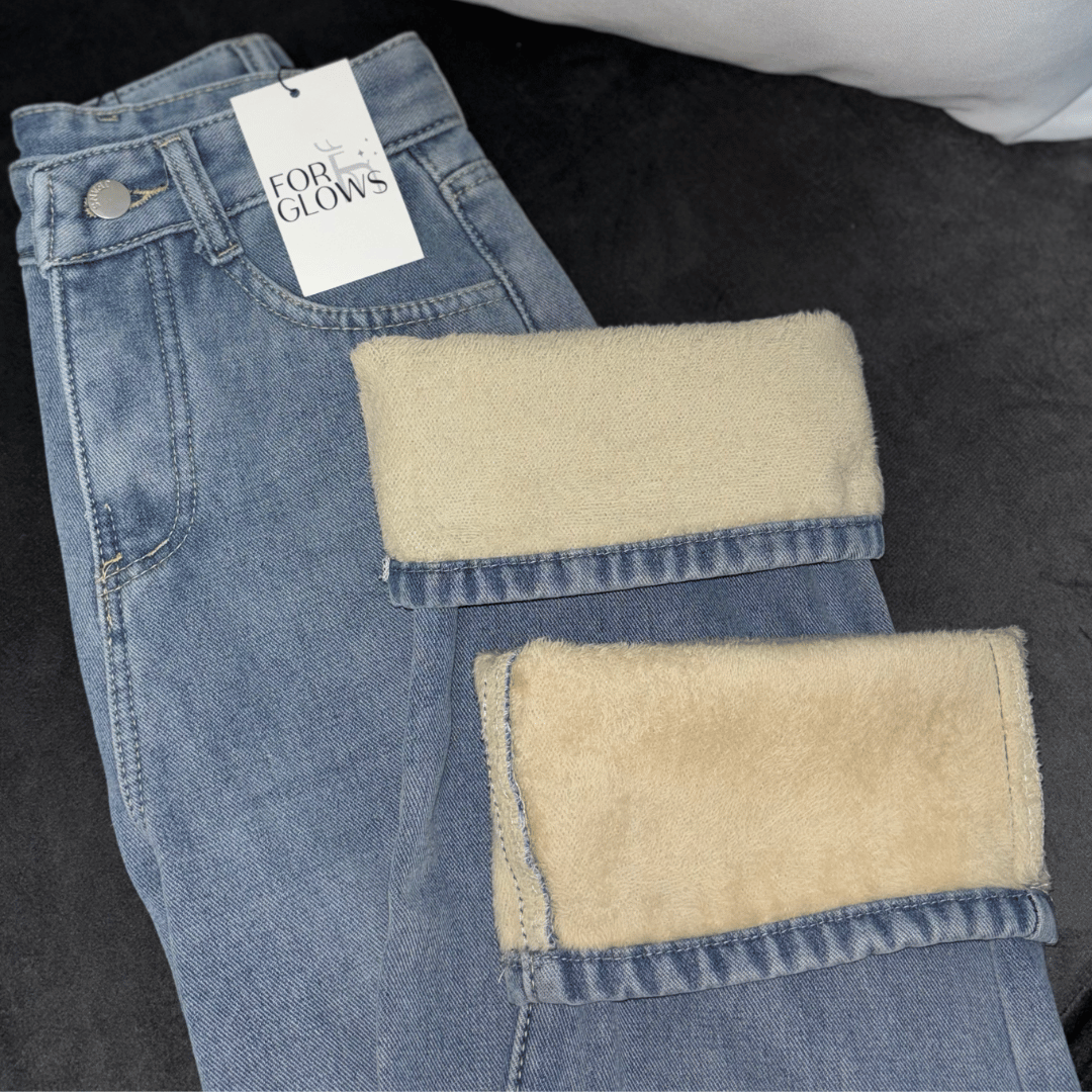 Calça Jeans Wide Leg Feminina Peluciada Forglows + Meia Térmica
