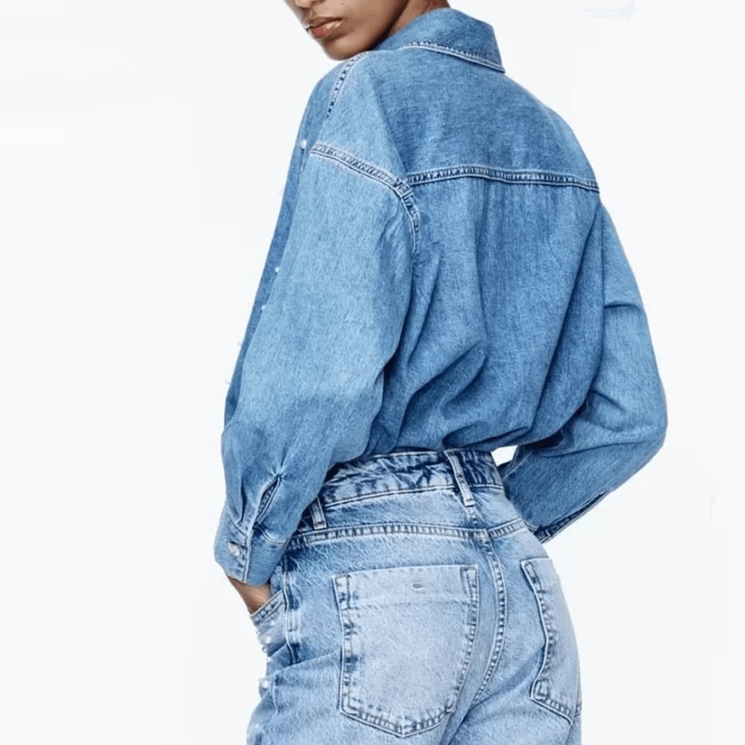 Camisa Feminina Jeans Pérolas Forglows