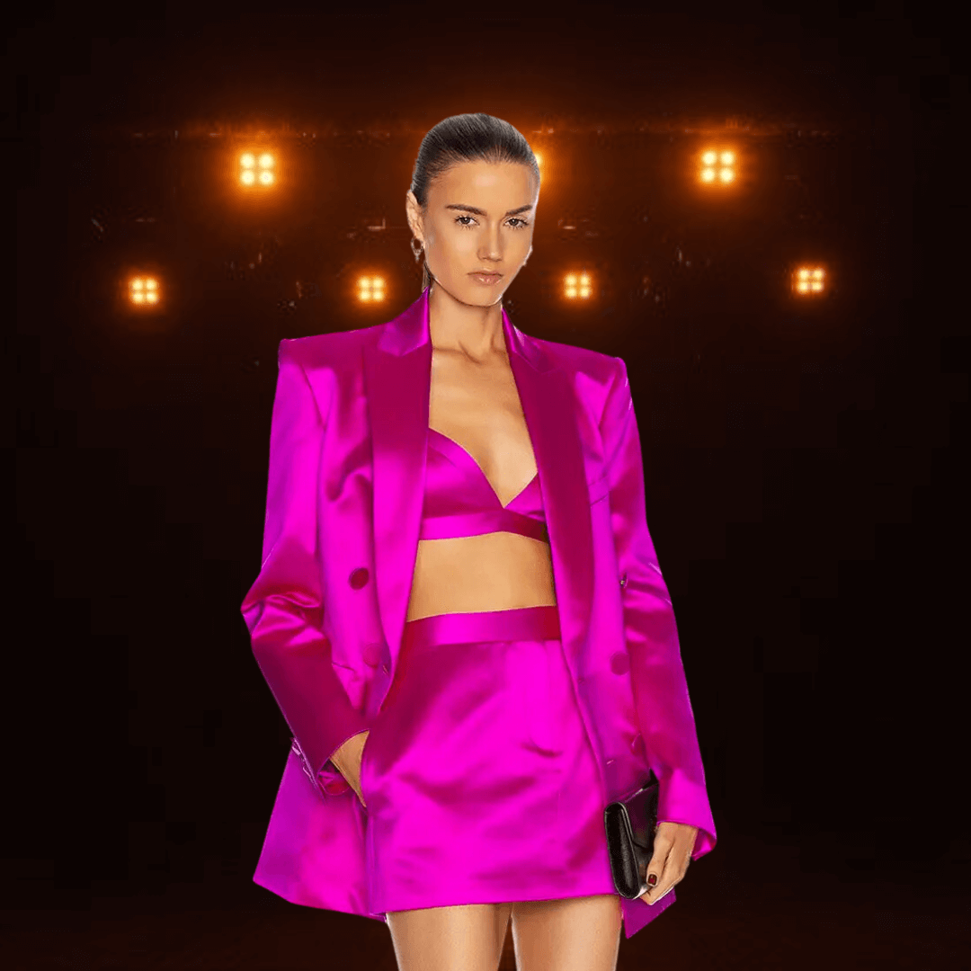 Conjunto Feminino Blazer, Top e Saia Cetim Fúcsia Forglows