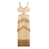 Vestido Feminino Longo com Recorte e Franjas