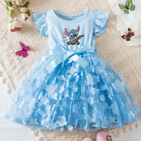 Vestido Infantil Rodado de Tule com Flores do Stitch