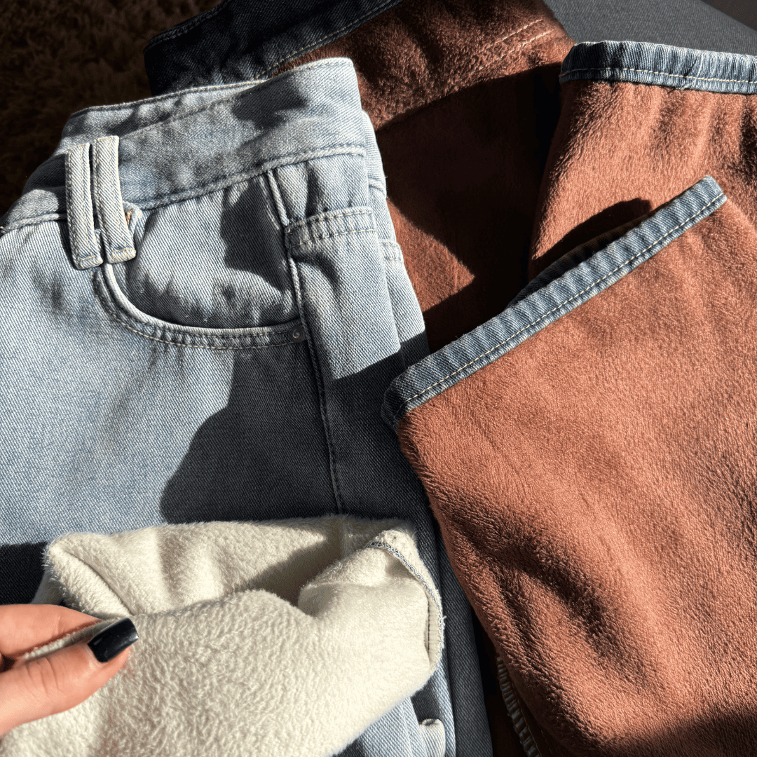 Calça Jeans Wide Leg Feminina Peluciada Forglows + Meia Térmica