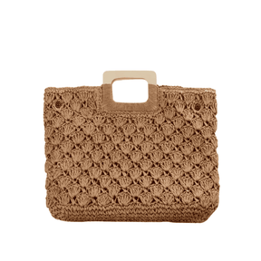 Bolsa de Malha de Palha com Alça de Madeira