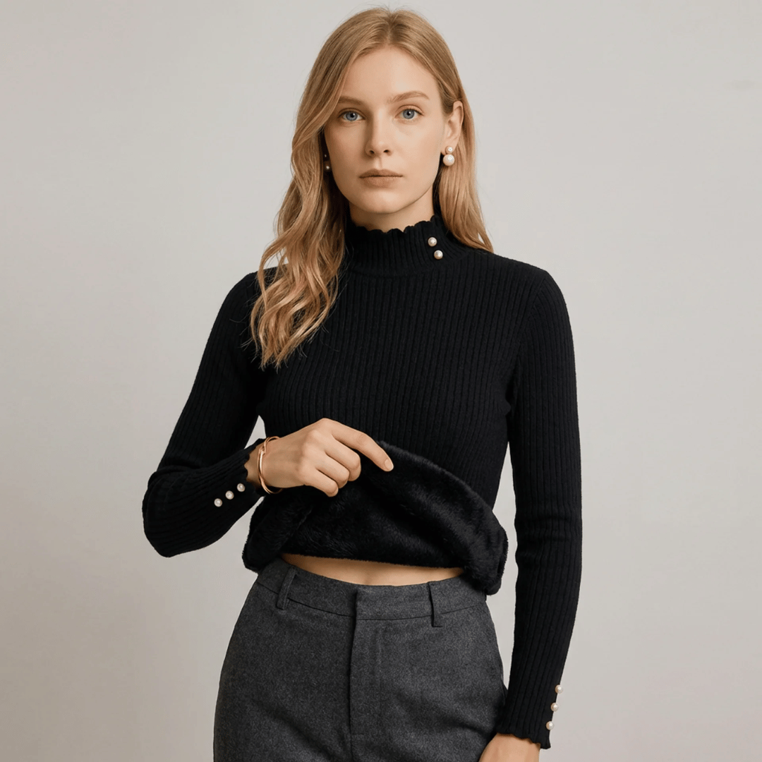 Suéter Feminino Cashmere Canelado com Botões Perolados Forglows