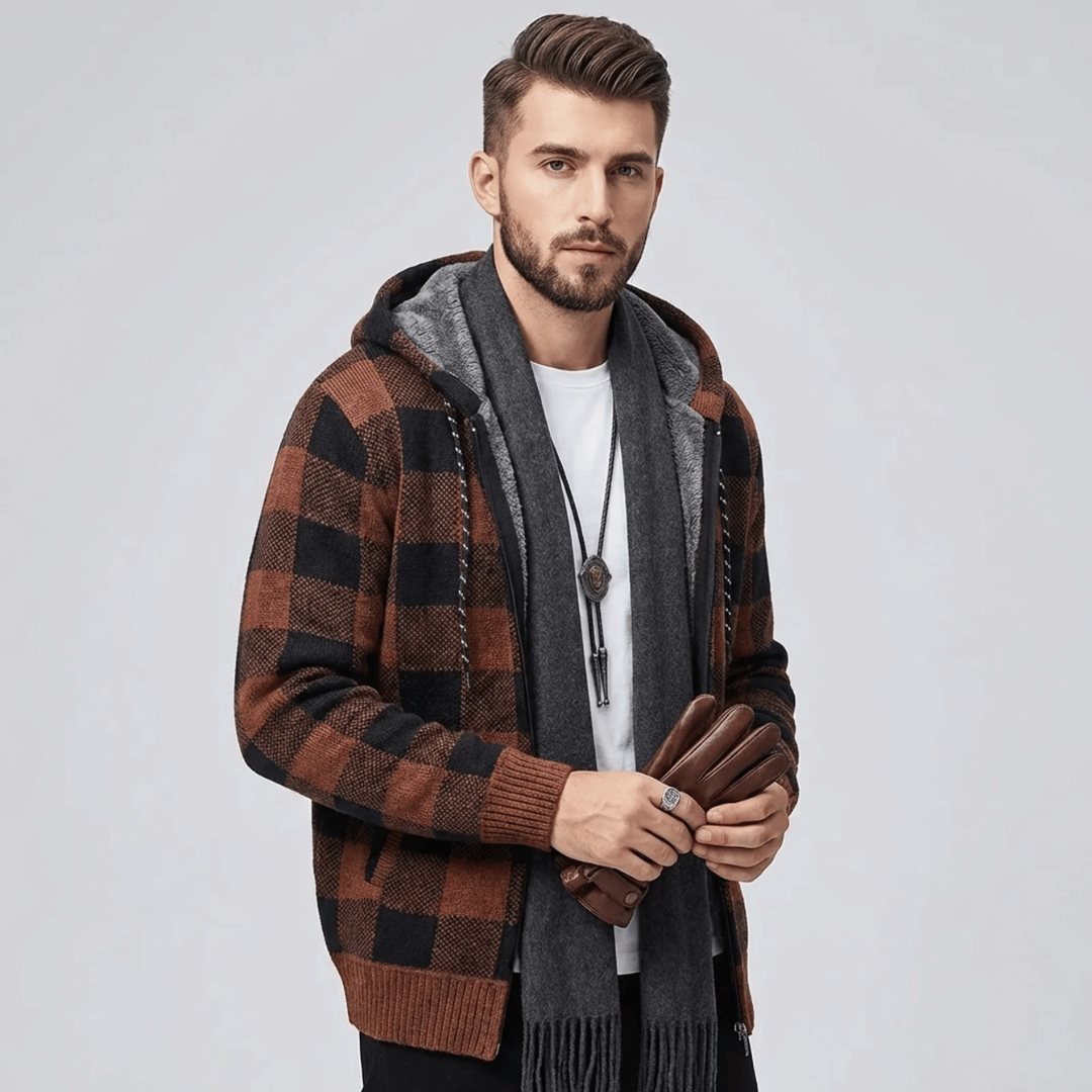 Casaco Masculino de Fio Peluciado com Capuz Xadrez Forglows