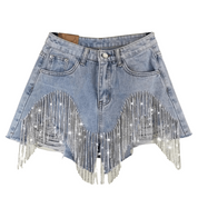 Short Feminino Jeans com Franja de Strass Fly Forglows