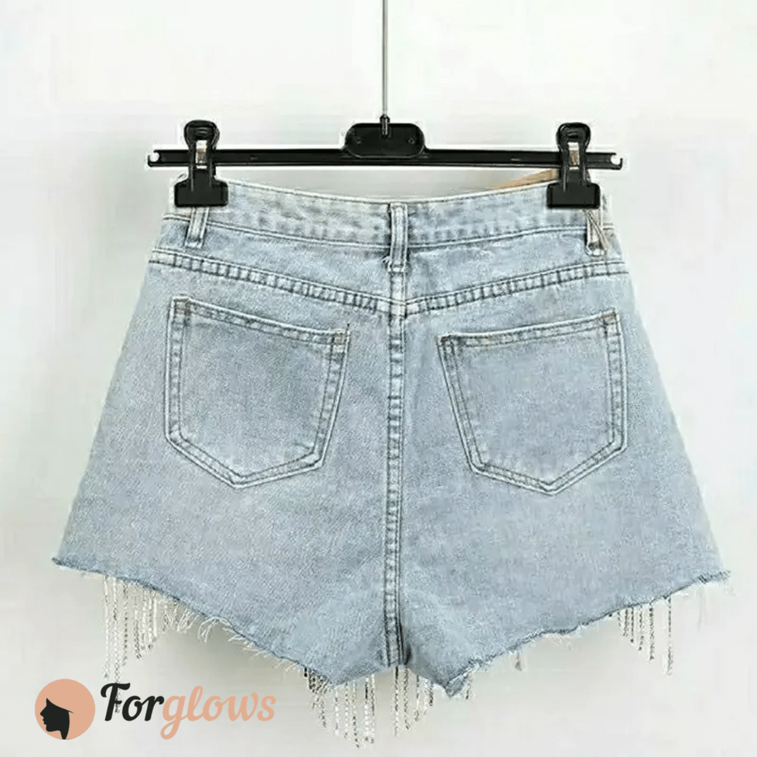 Short Feminino Jeans com Franja de Strass Fly Forglows