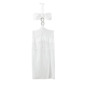 Vestido Feminino Longo com Franja e Fenda