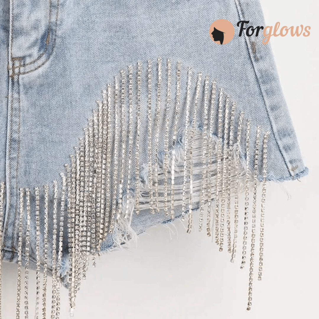 Short Feminino Jeans com Franja de Strass Fly Forglows