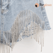 Short Feminino Jeans com Franja de Strass Fly Forglows