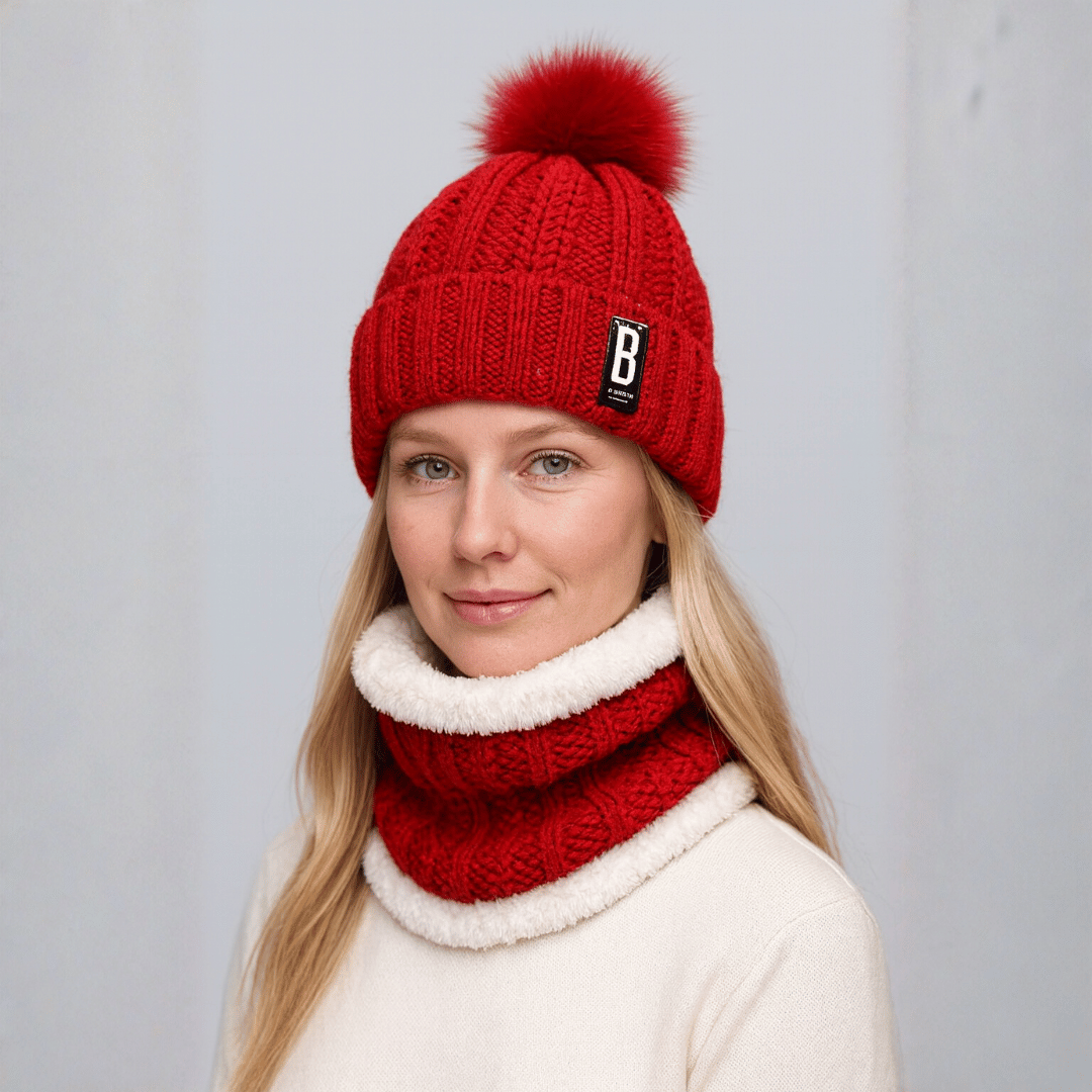 Conjunto Feminino Gola e Touca de Tricô Forrada com Pelúcia Forglows