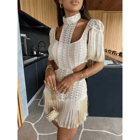 Vestido Feminino Curto com Renda e Franja