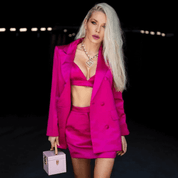 Conjunto Feminino Blazer, Top e Saia Cetim Fúcsia Forglows
