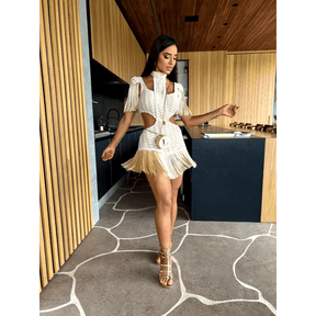 Vestido Feminino Curto com Renda e Franja