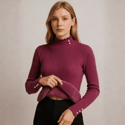 Suéter Feminino Cashmere Canelado com Botões Perolados Forglows