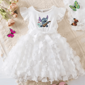 Vestido Infantil Rodado de Tule com Flores do Stitch