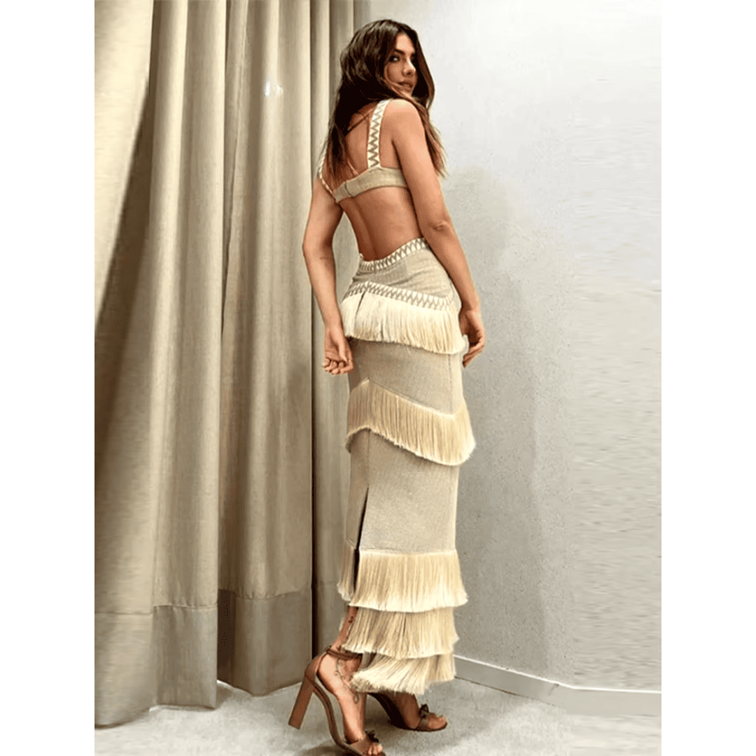 Vestido Feminino Longo com Recorte e Franjas Forglows