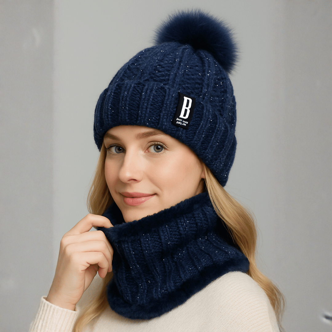 Conjunto Feminino Gola e Touca de Tricô Forrada com Pelúcia Forglows