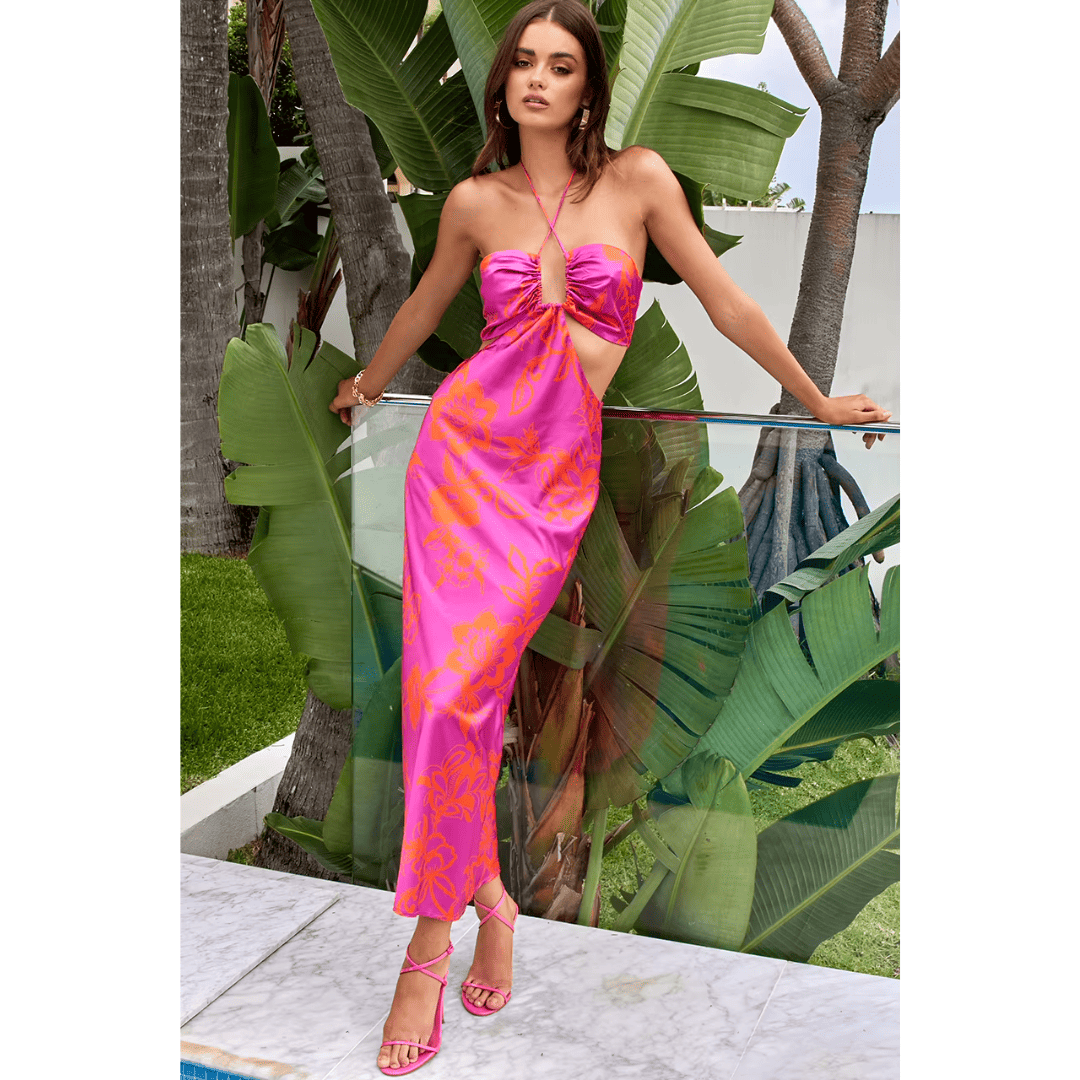 Vestido Feminino Midi Florido Acetinado