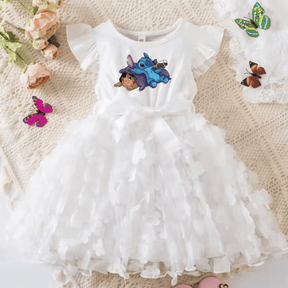 Vestido Infantil Rodado de Tule com Flores do Stitch