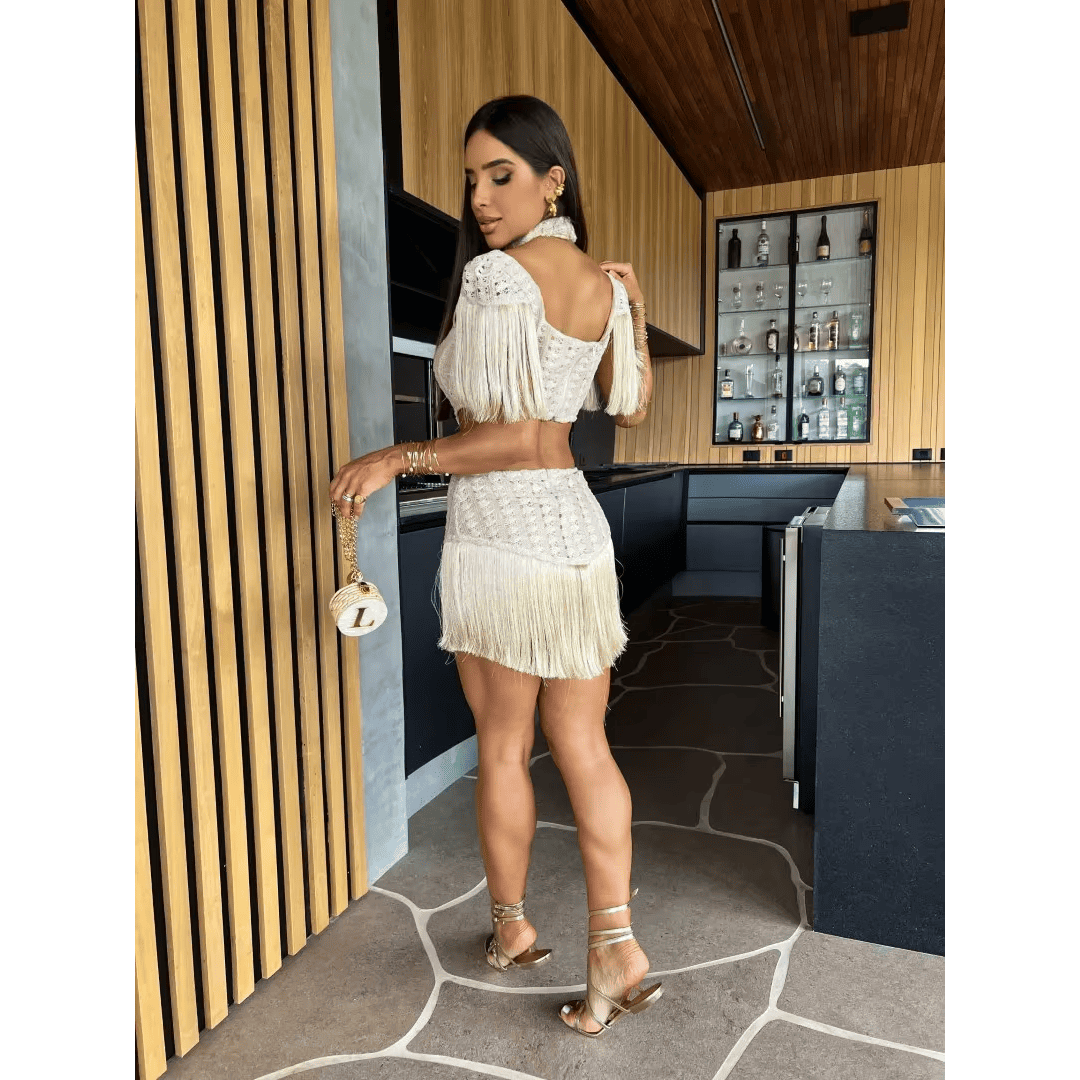 Vestido Feminino Curto com Renda e Franja Forglows