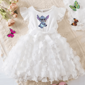 Vestido Infantil Rodado de Tule com Flores do Stitch