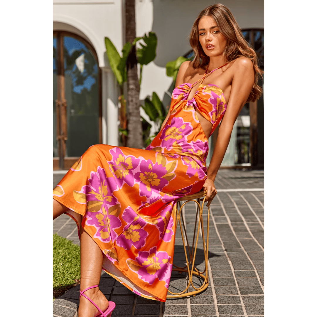 Vestido Feminino Midi Florido Acetinado