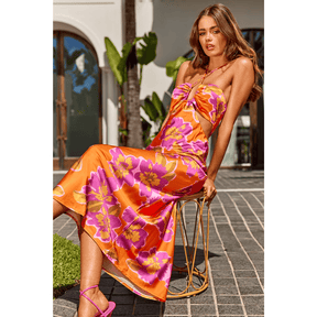 Vestido Feminino Midi Florido Acetinado