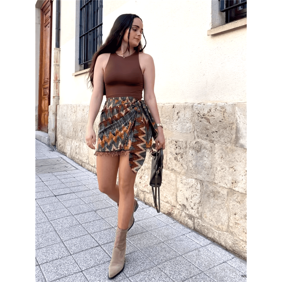 Mini Saia Feminina Transpassada com Estampa Étnica Tulum Forglows