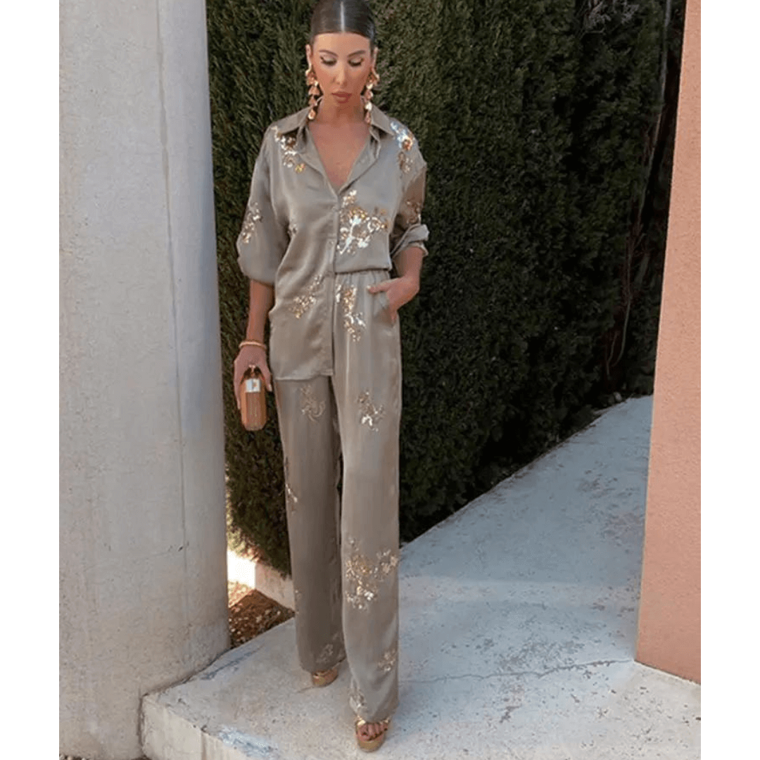 Conjunto Feminino Camisa e Calça Acetinado Golden Forglows