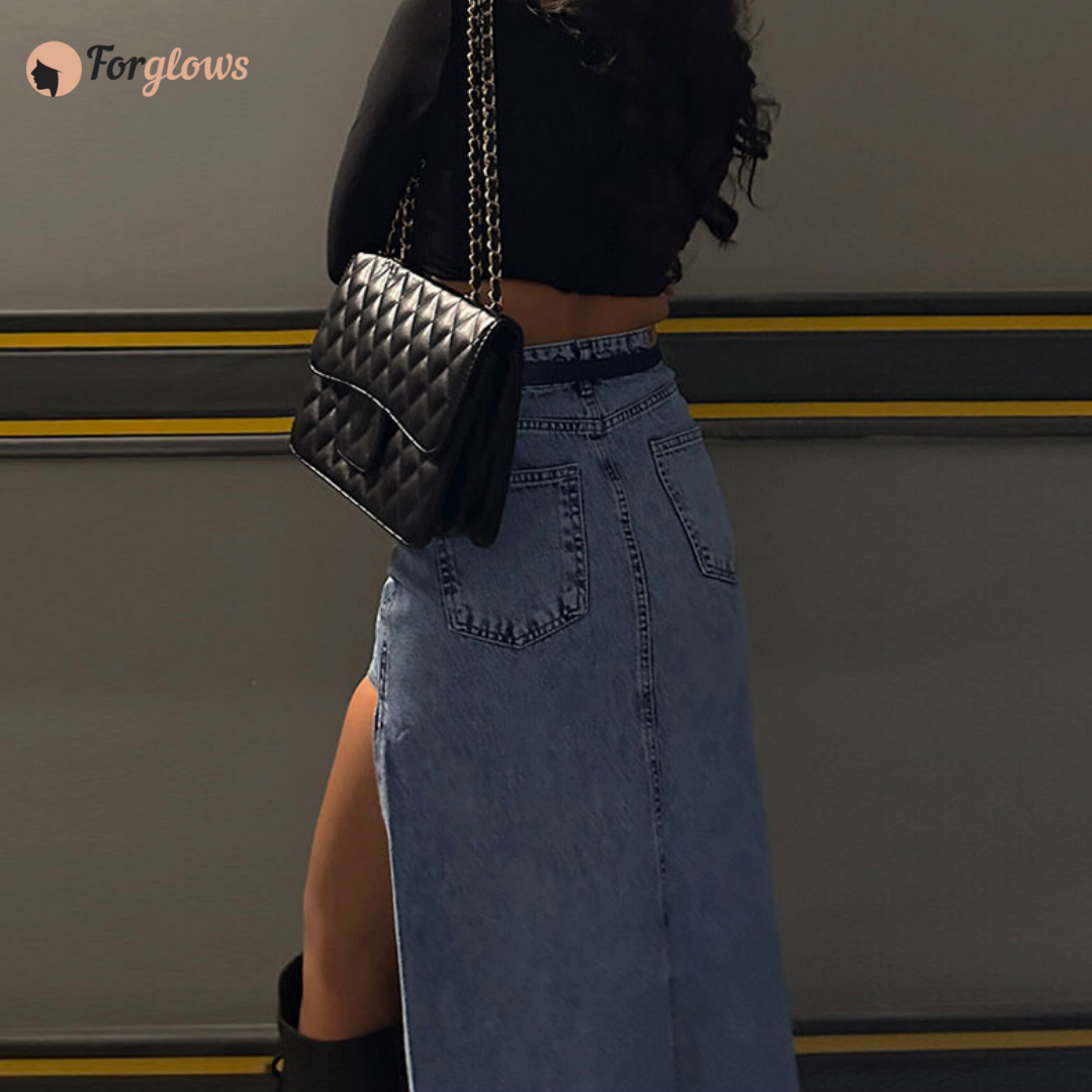 Saia Feminina Jeans Midi Assimétrica Elegant Forglows