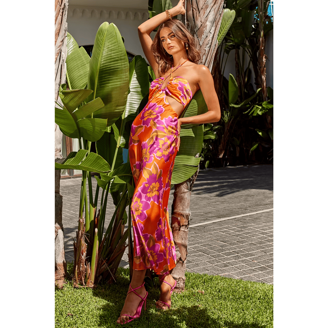 Vestido Feminino Midi Florido Acetinado