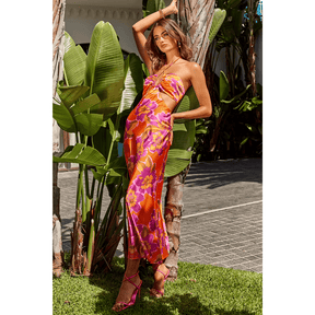 Vestido Feminino Midi Florido Acetinado