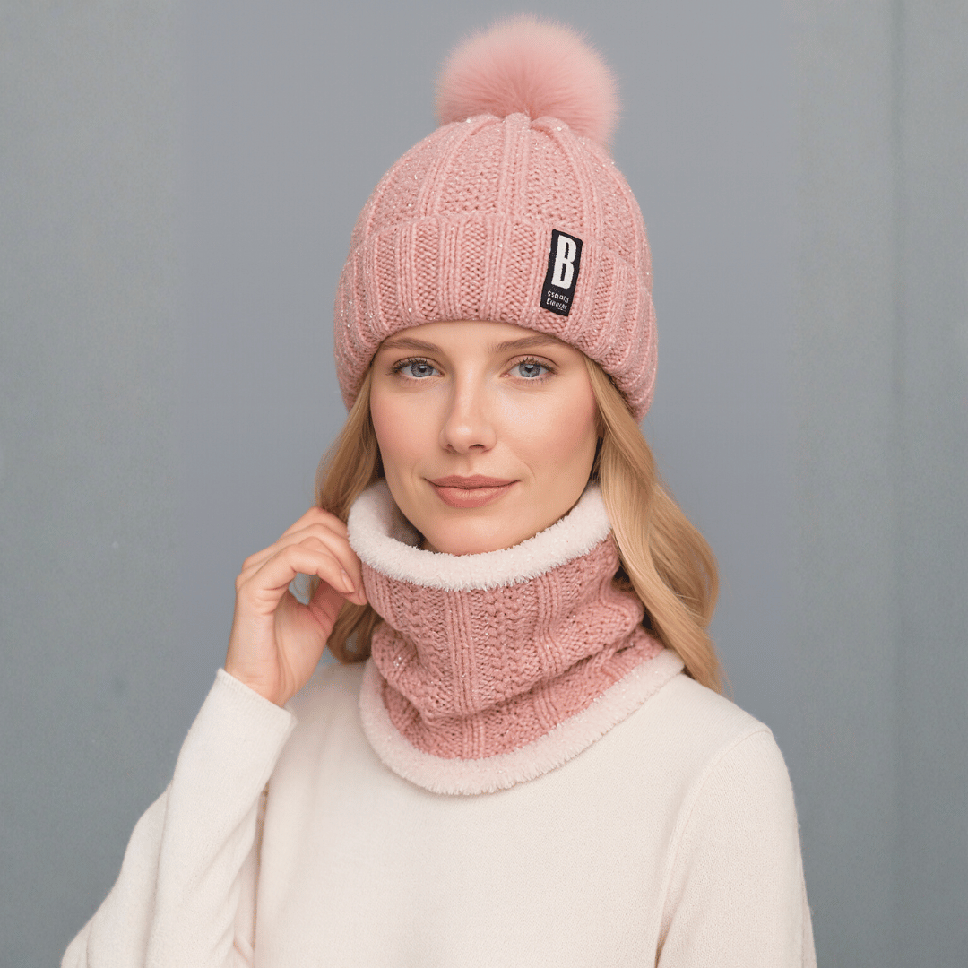 Conjunto Feminino Gola e Touca de Tricô Forrada com Pelúcia Forglows