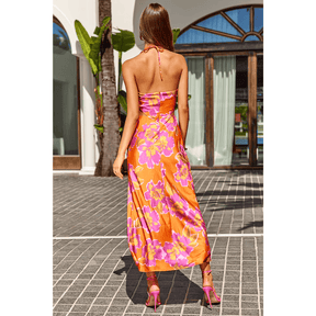 Vestido Feminino Midi Florido Acetinado