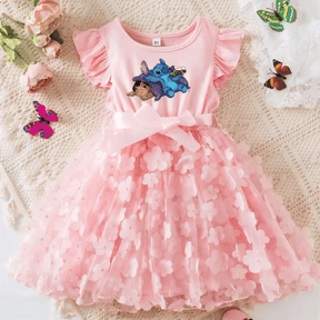 Vestido Infantil Rodado de Tule com Flores do Stitch