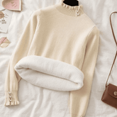Suéter Feminino Cashmere Canelado com Botões Perolados