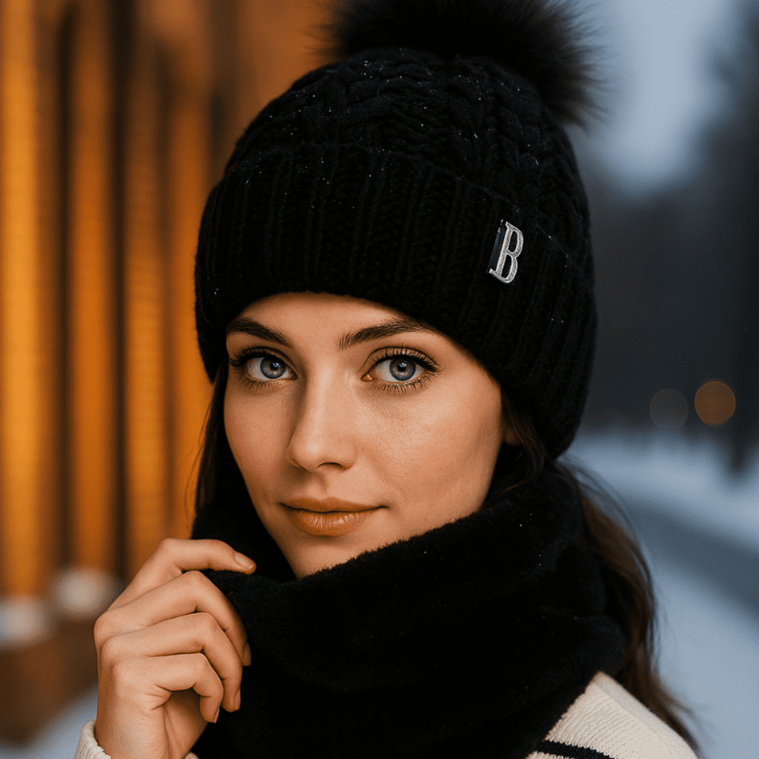 Conjunto Feminino Gola e Gorro de Tricô Forrada com Pelúcia