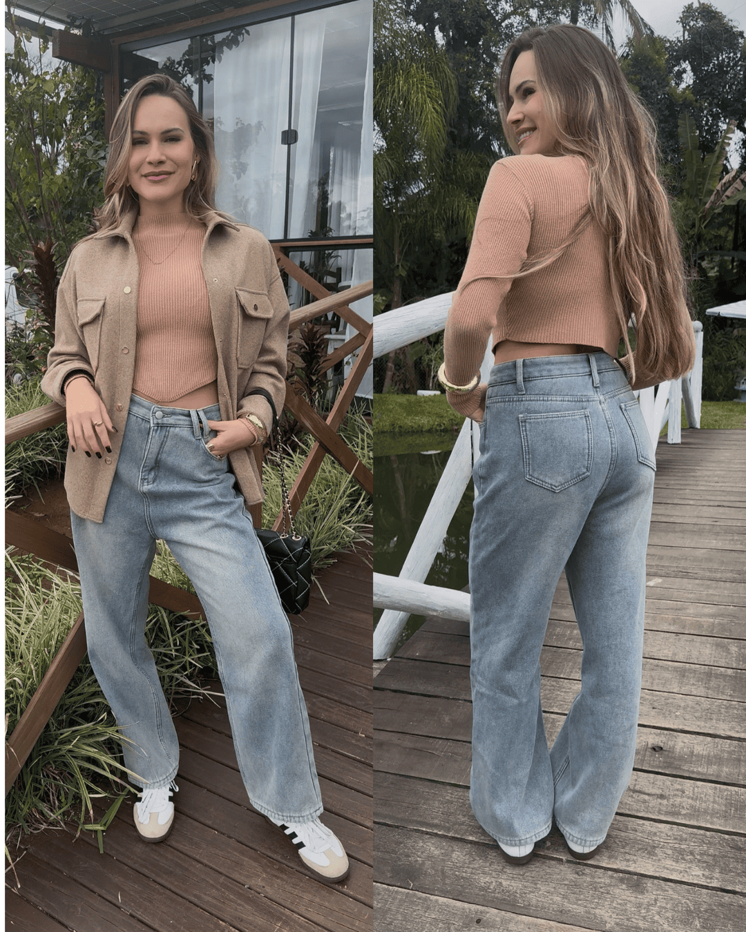 Calça Jeans Wide Leg Feminina Peluciada Forglows + Meia Térmica