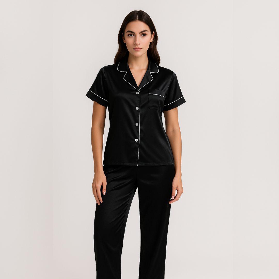 Conjunto de Pijama Feminino Americano Cetim Calça Manga Curta